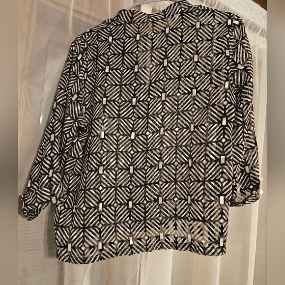 Black and White Button Up Sheer Blouse with Geometric Pattern - Picture 3 of 3